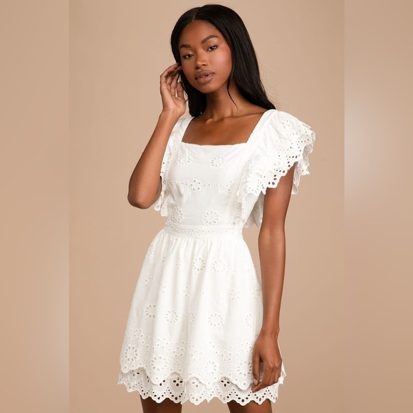 Lulus Absolutely Beautiful White Eyelet Lace Ruffled Skater Mini Dress - Picture 5 of 13